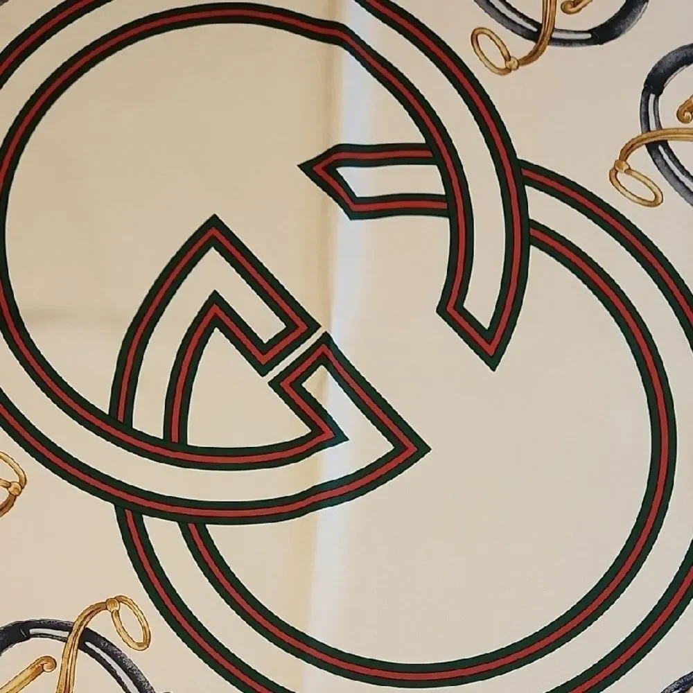 Gucci Cream and Navy Silk Scarf with Gold Details